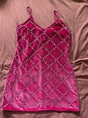 Pink Velvet Embellished Mini Dress